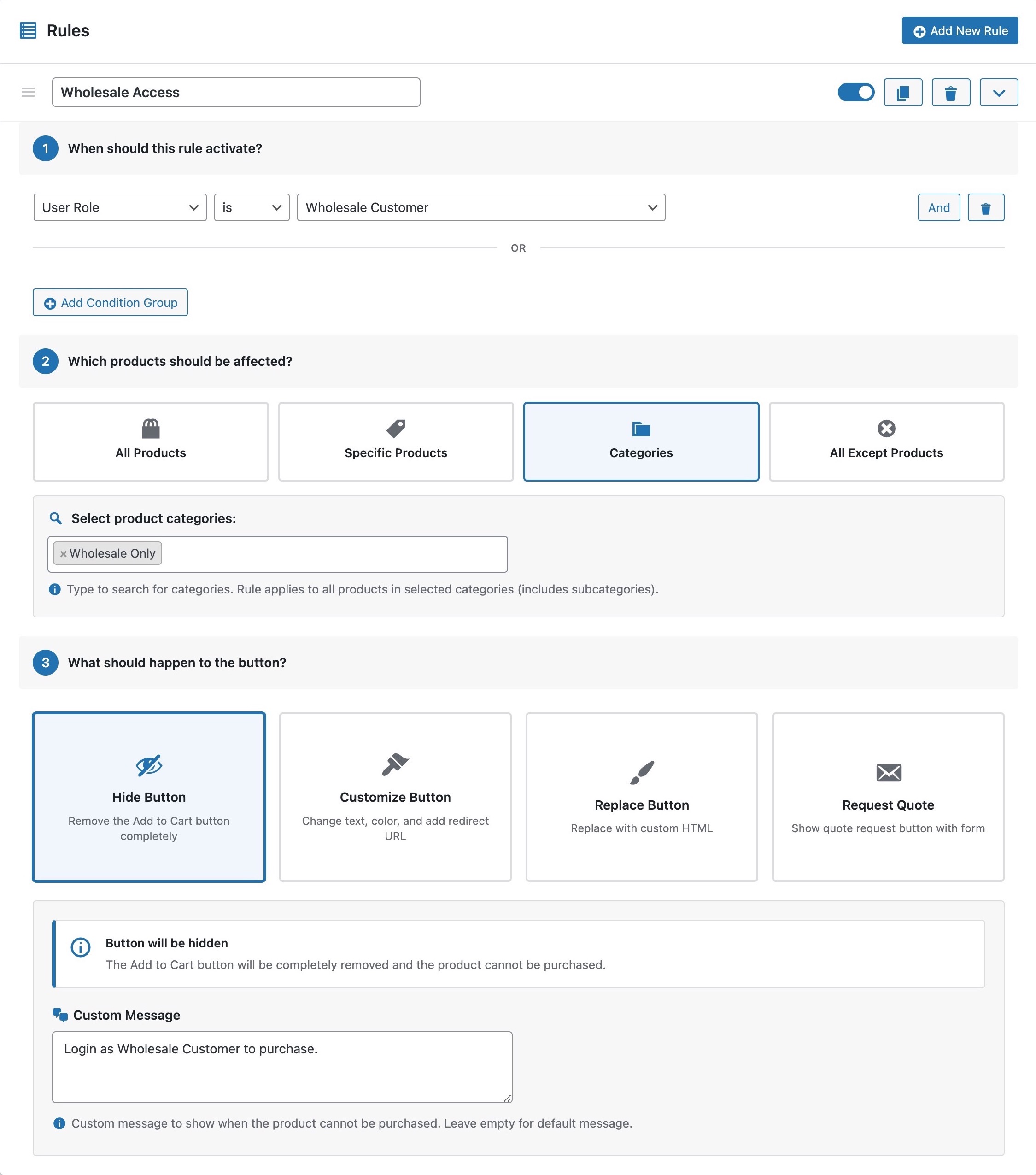 Conditional Add to Cart Rules Interface